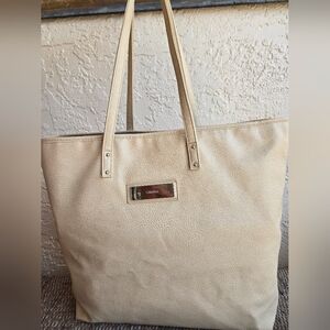 Calvin Klein Cream Faux Leather Tote Shoulder Bag Large Minimalist Work Bag